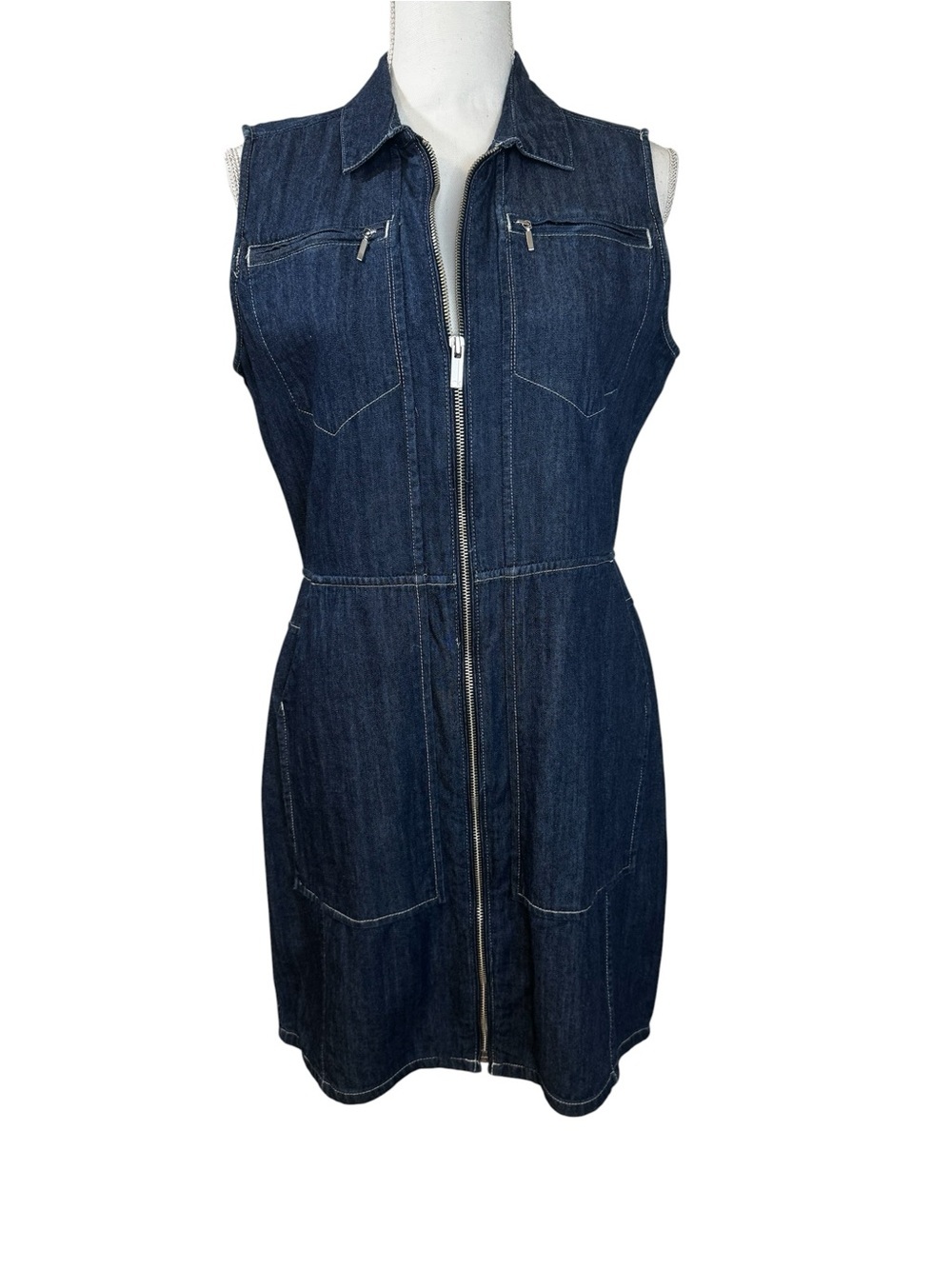 Calvin Klein Sleeveless Dark Blue Cotton Denim Zip-Front Dress. Size M